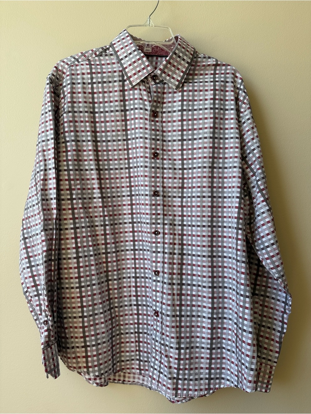 Tasso Elba Button Down Shirt Men’s XL 17-17.5 Neck Red White Gray Gingham Cotton